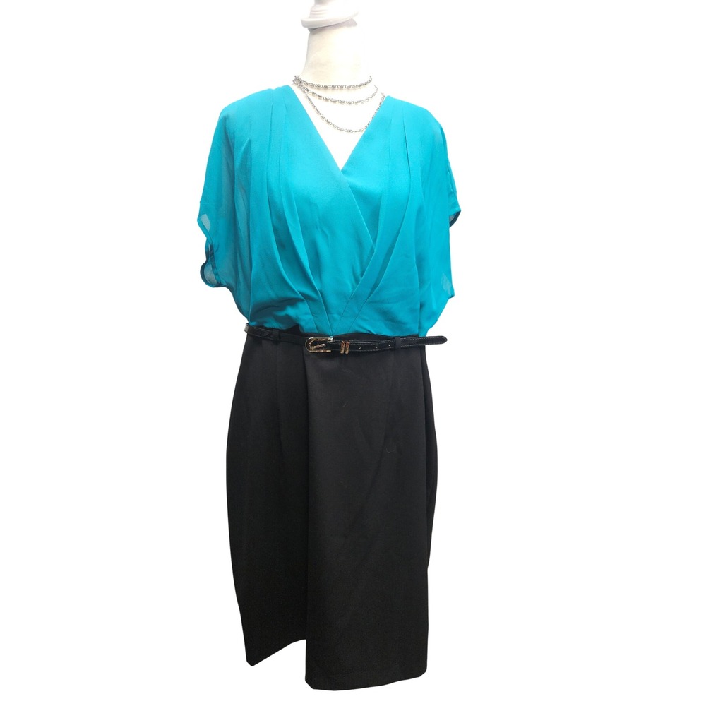 AGB Dress Womens 14 Blue Black Colorblock Faux Wrap V-Neck Sheath Belted Midi